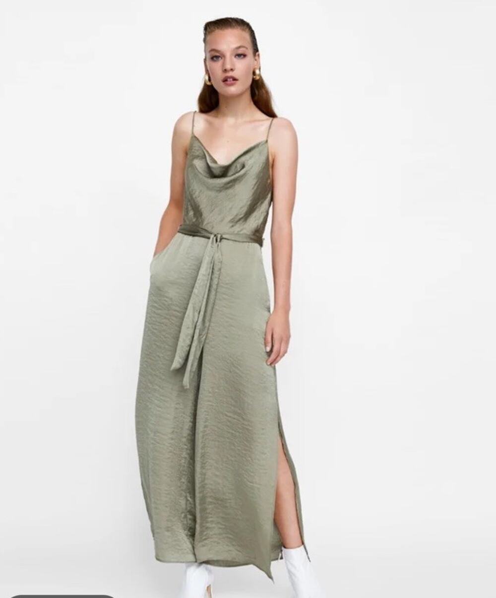 Zara Sage Olive Green Satin Cowl Neck Belted Jumpsuit Leg Slits Size Medium